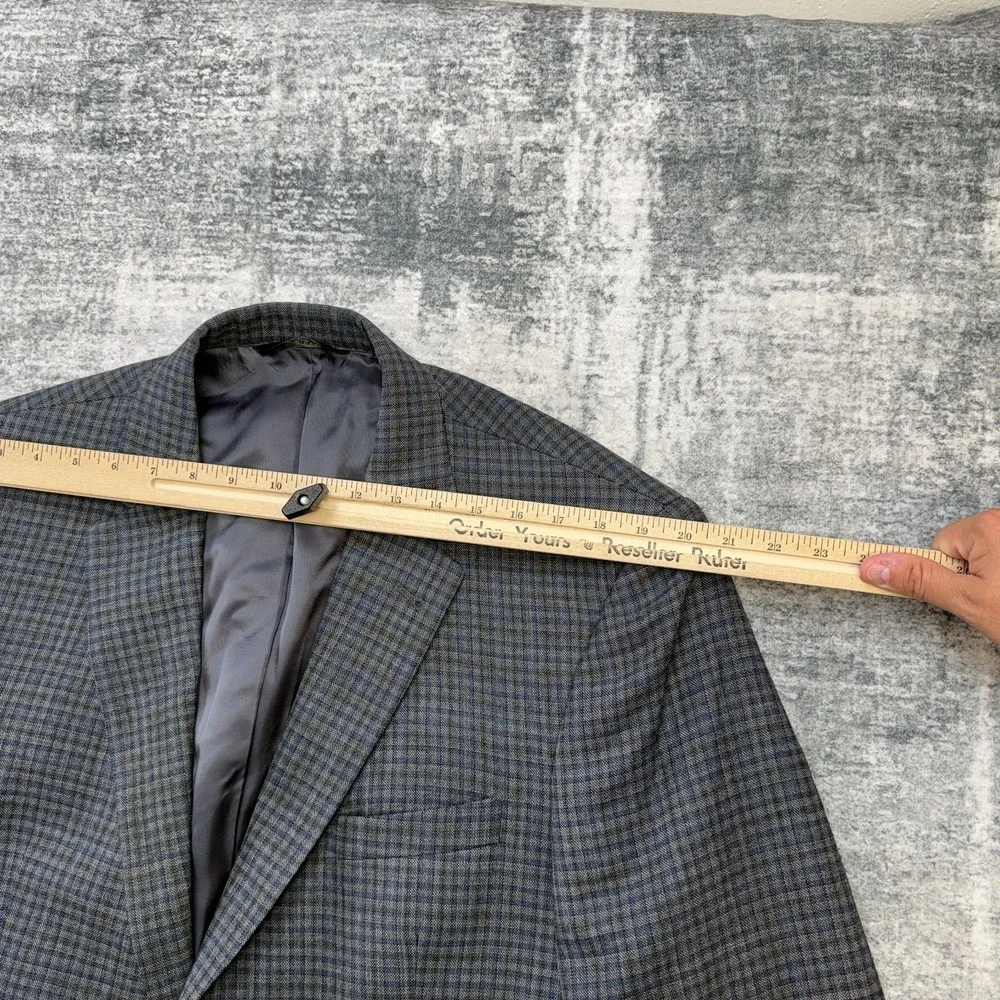 Jos A Bank Blazer Jacket MEns 44L Blue Gray Plaid Wool Sport Coat Academia Ivy